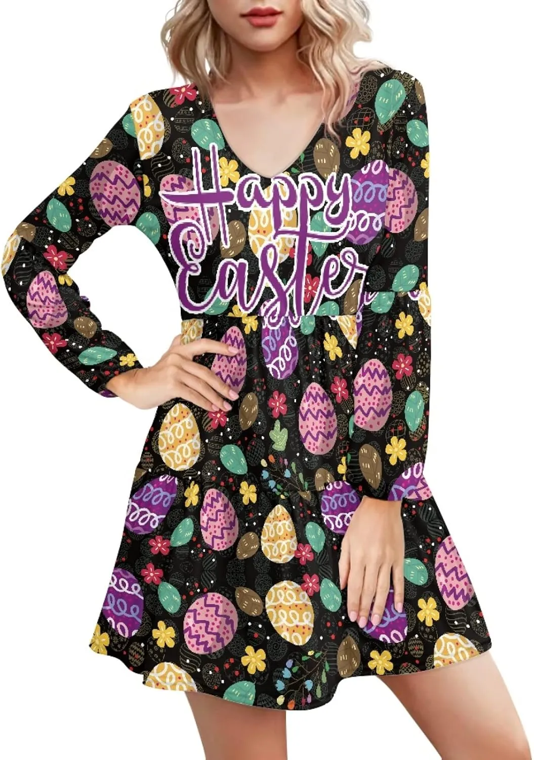 Bengbobar 2024 Easter Dress for Women Long Sleeve Easter Eggs Shift Dresses Spring Bunny Casual Elegant V Neck Vintage Dress