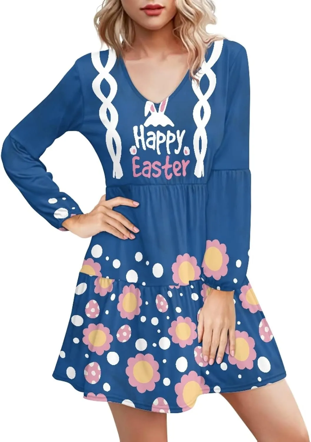 Bengbobar 2024 Easter Dress for Women Long Sleeve Easter Eggs Shift Dresses Spring Bunny Casual Elegant V Neck Vintage Dress