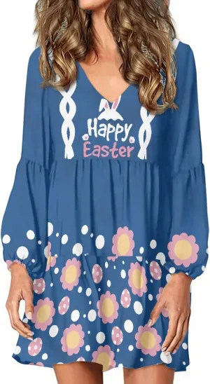 Bengbobar 2024 Easter Dress for Women Long Sleeve Easter Eggs Shift Dresses Spring Bunny Casual Elegant V Neck Vintage Dress