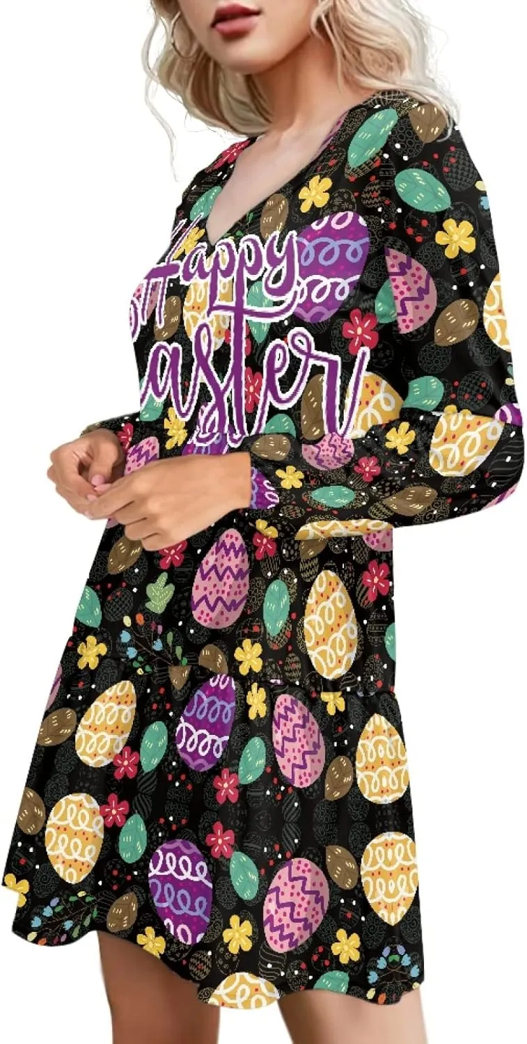 Bengbobar 2024 Easter Dress for Women Long Sleeve Easter Eggs Shift Dresses Spring Bunny Casual Elegant V Neck Vintage Dress