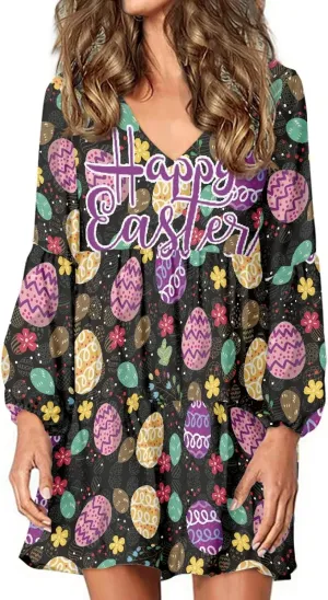 Bengbobar 2024 Easter Dress for Women Long Sleeve Easter Eggs Shift Dresses Spring Bunny Casual Elegant V Neck Vintage Dress