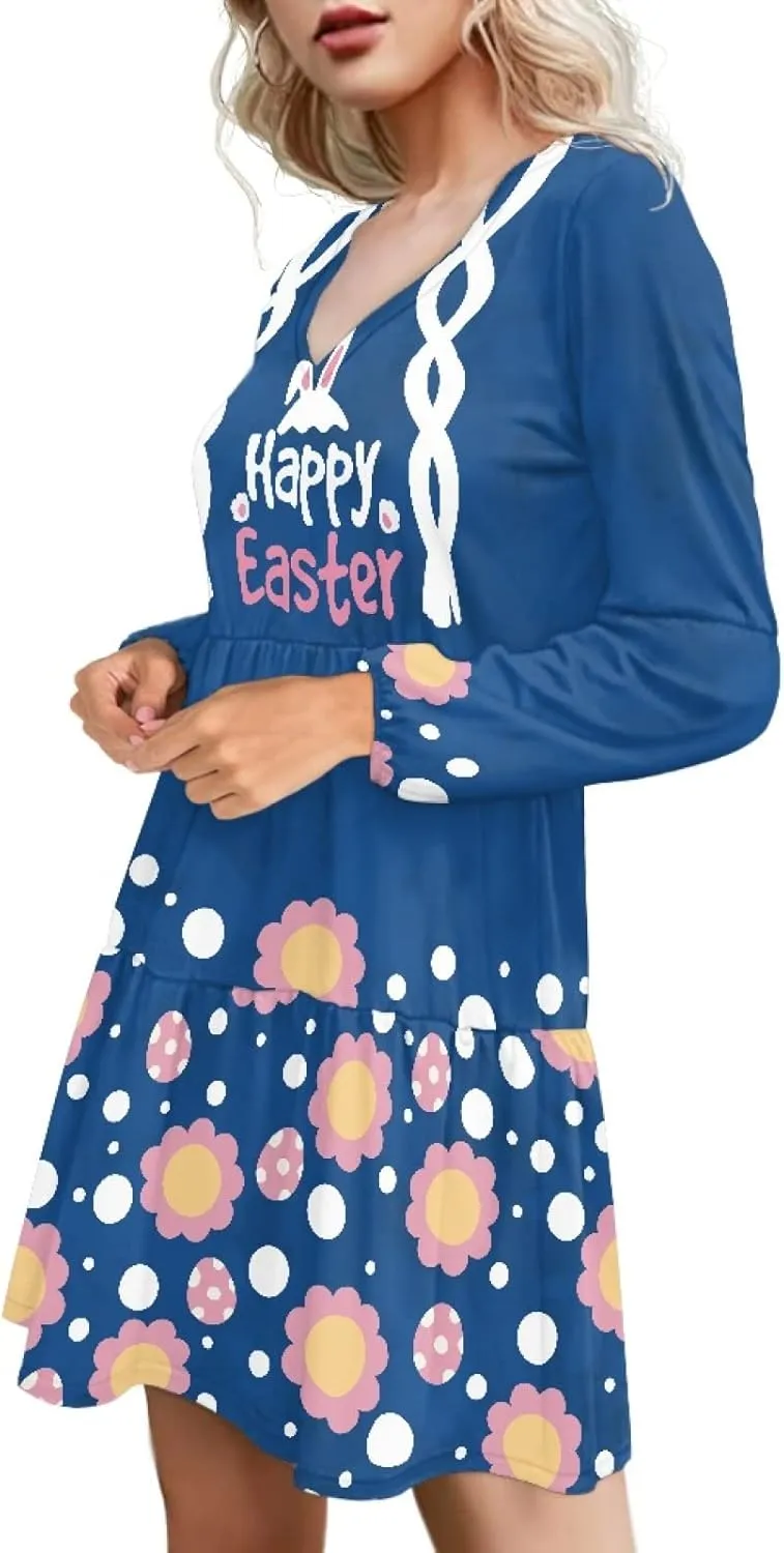 Bengbobar 2024 Easter Dress for Women Long Sleeve Easter Eggs Shift Dresses Spring Bunny Casual Elegant V Neck Vintage Dress
