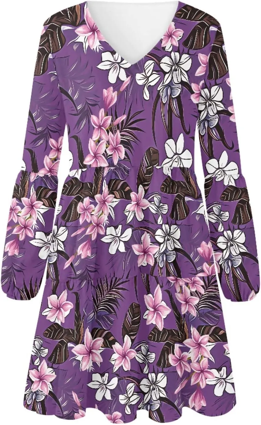 Bengbobar Women Floral Dress Funny Casual Long Puff Sleeve Summer V Neck Elegant Midi Flowy Pleated Party Swing Shift Dresses