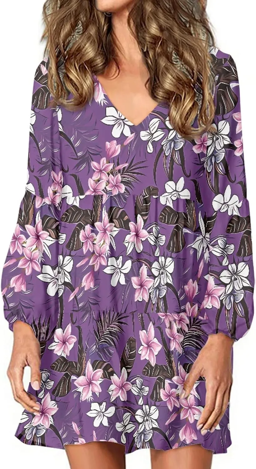 Bengbobar Women Floral Dress Funny Casual Long Puff Sleeve Summer V Neck Elegant Midi Flowy Pleated Party Swing Shift Dresses