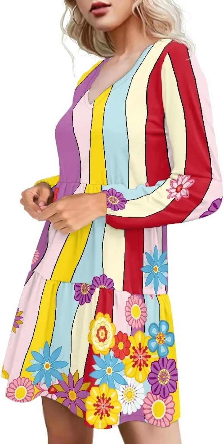 Bengbobar Women Floral Dress Funny Casual Long Puff Sleeve Summer V Neck Elegant Midi Flowy Pleated Party Swing Shift Dresses