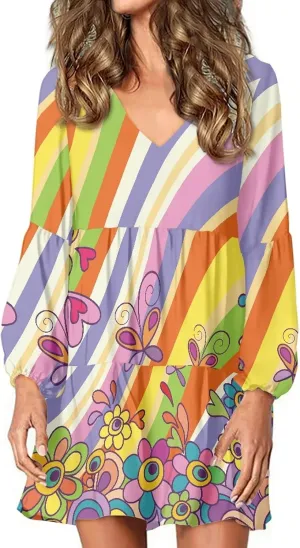 Bengbobar Women Floral Dress Funny Casual Long Puff Sleeve Summer V Neck Elegant Midi Flowy Pleated Party Swing Shift Dresses