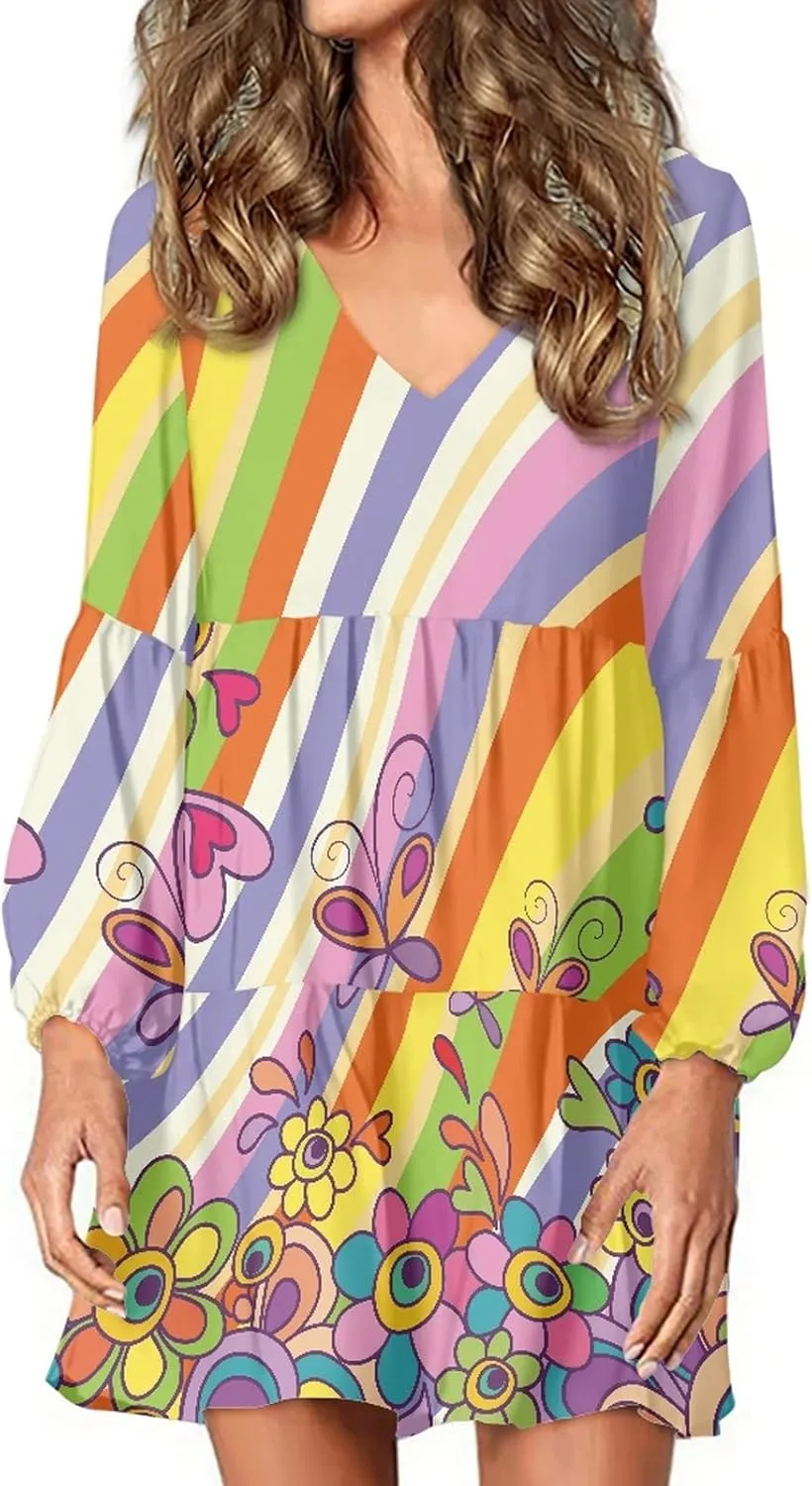 Bengbobar Women Floral Dress Funny Casual Long Puff Sleeve Summer V Neck Elegant Midi Flowy Pleated Party Swing Shift Dresses