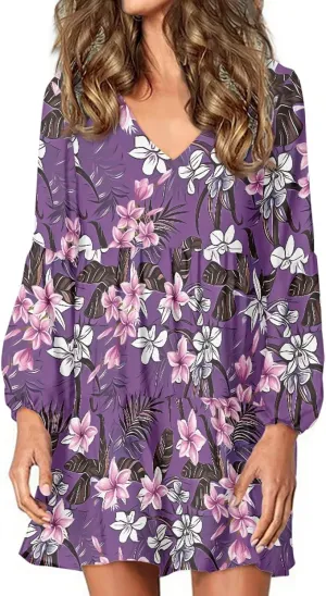 Bengbobar Women Floral Dress Funny Casual Long Puff Sleeve Summer V Neck Elegant Midi Flowy Pleated Party Swing Shift Dresses
