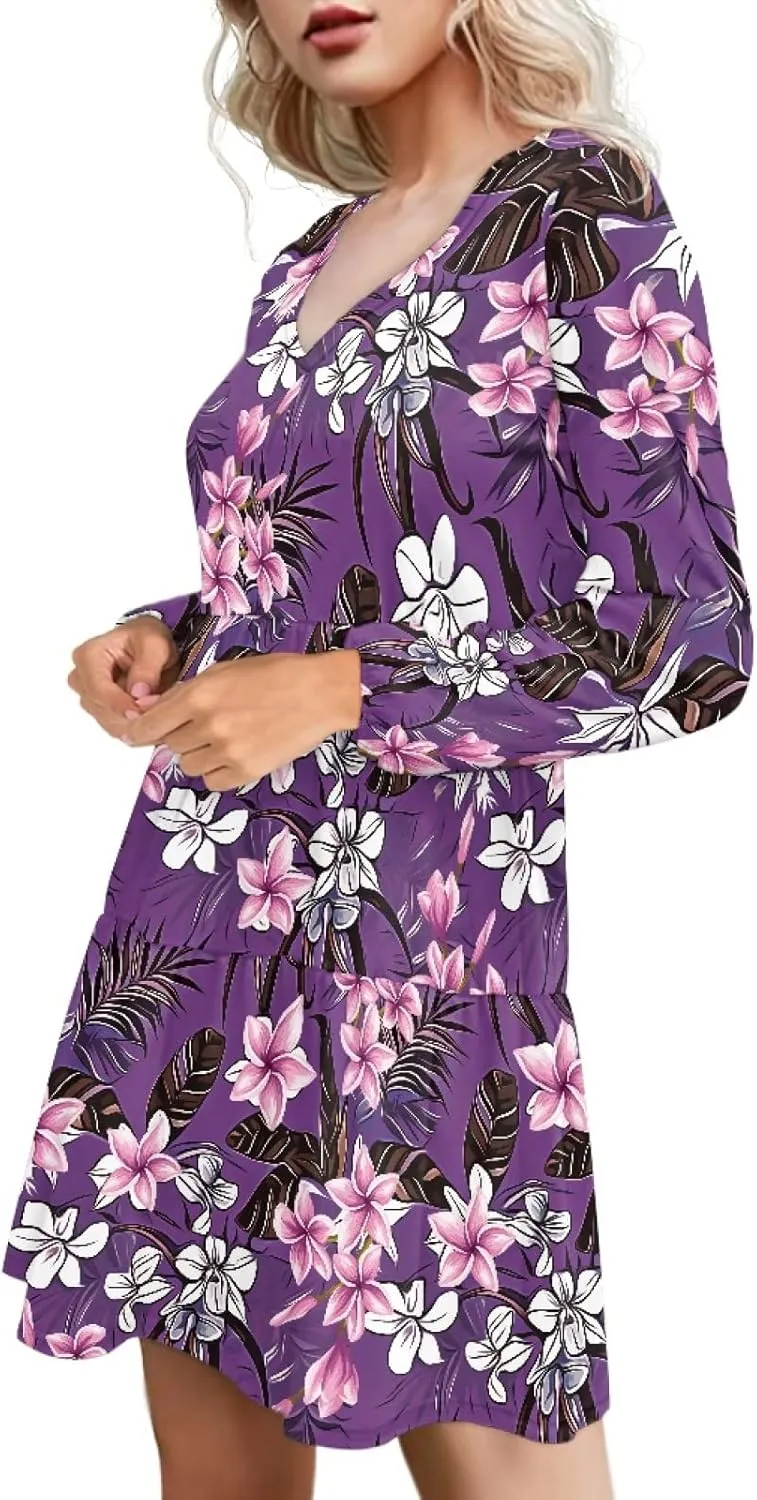 Bengbobar Women Floral Dress Funny Casual Long Puff Sleeve Summer V Neck Elegant Midi Flowy Pleated Party Swing Shift Dresses