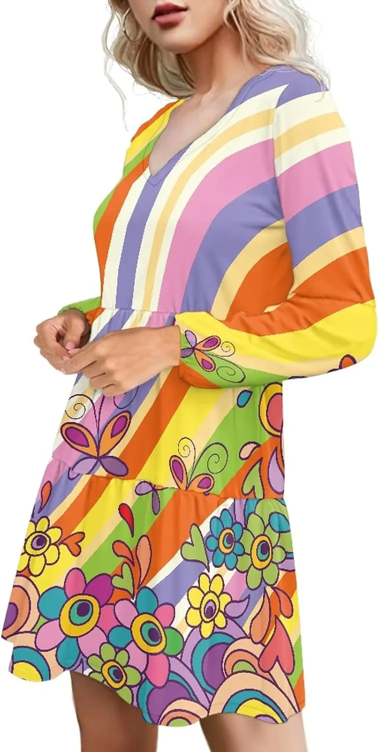 Bengbobar Women Floral Dress Funny Casual Long Puff Sleeve Summer V Neck Elegant Midi Flowy Pleated Party Swing Shift Dresses