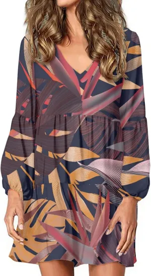Bengbobar Women Floral Dress V Neck Long Puff Sleeve Casual Summer Elegant Midi Flowy Loose Pleated Party Swing Shift Dresses