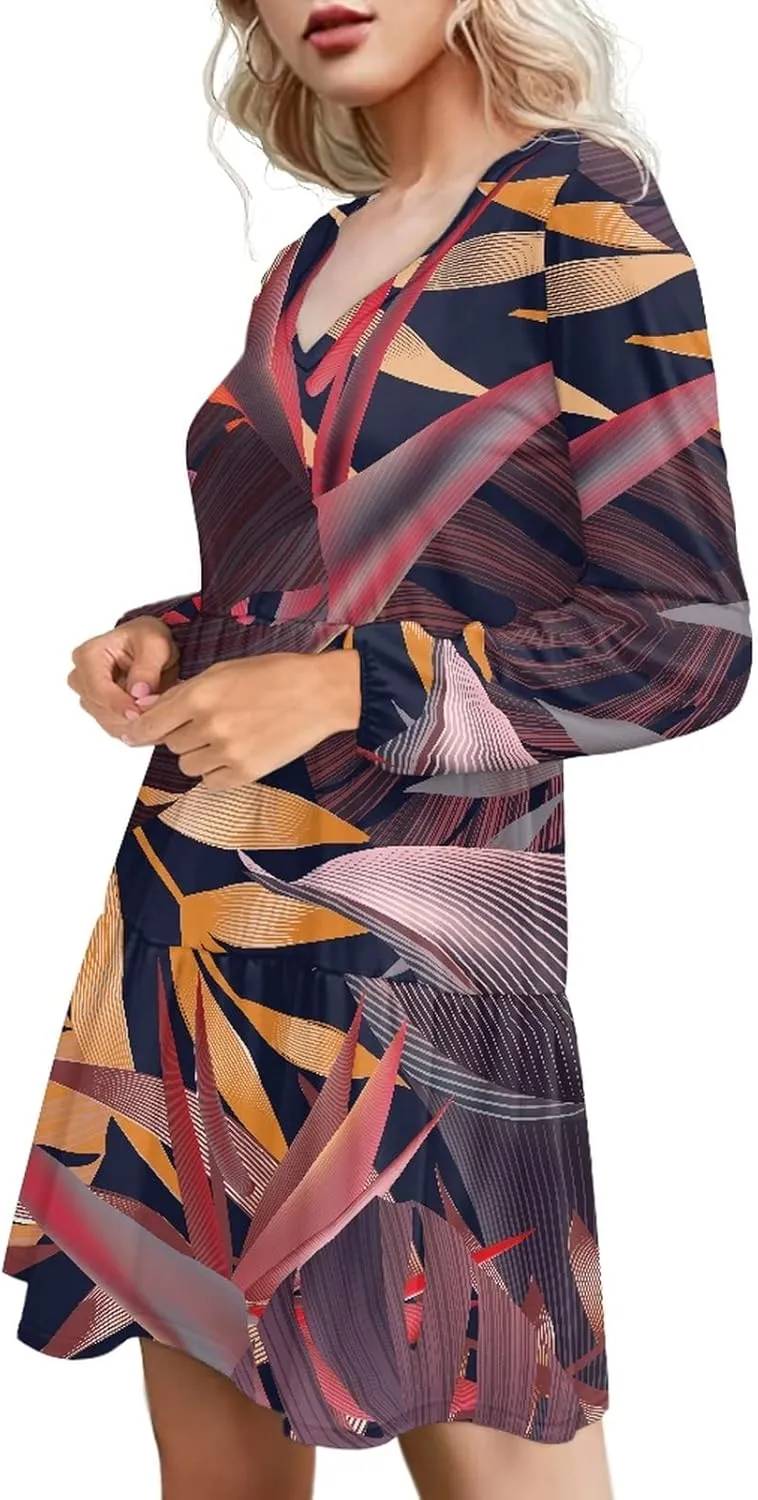 Bengbobar Women Floral Dress V Neck Long Puff Sleeve Casual Summer Elegant Midi Flowy Loose Pleated Party Swing Shift Dresses