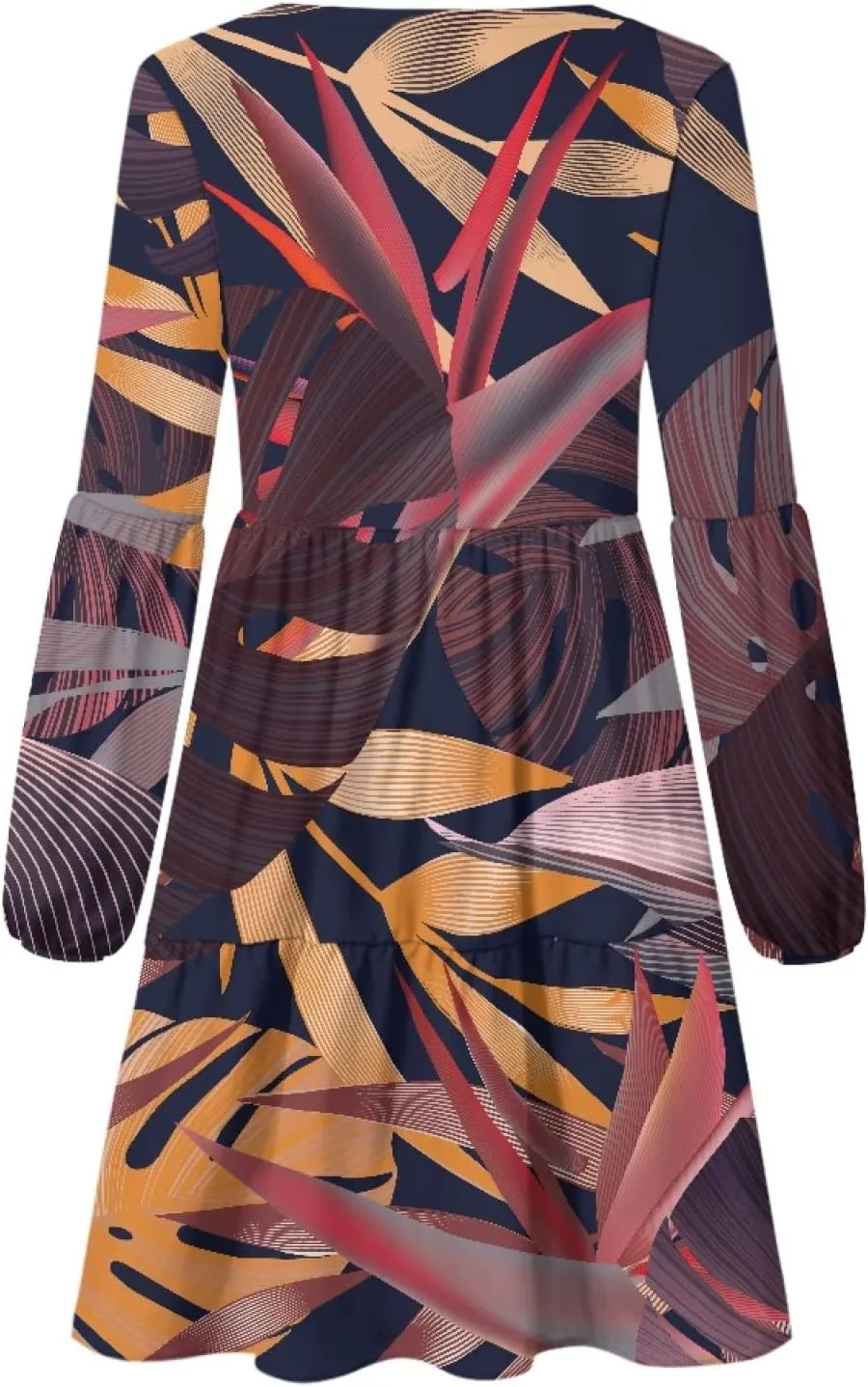 Bengbobar Women Floral Dress V Neck Long Puff Sleeve Casual Summer Elegant Midi Flowy Loose Pleated Party Swing Shift Dresses