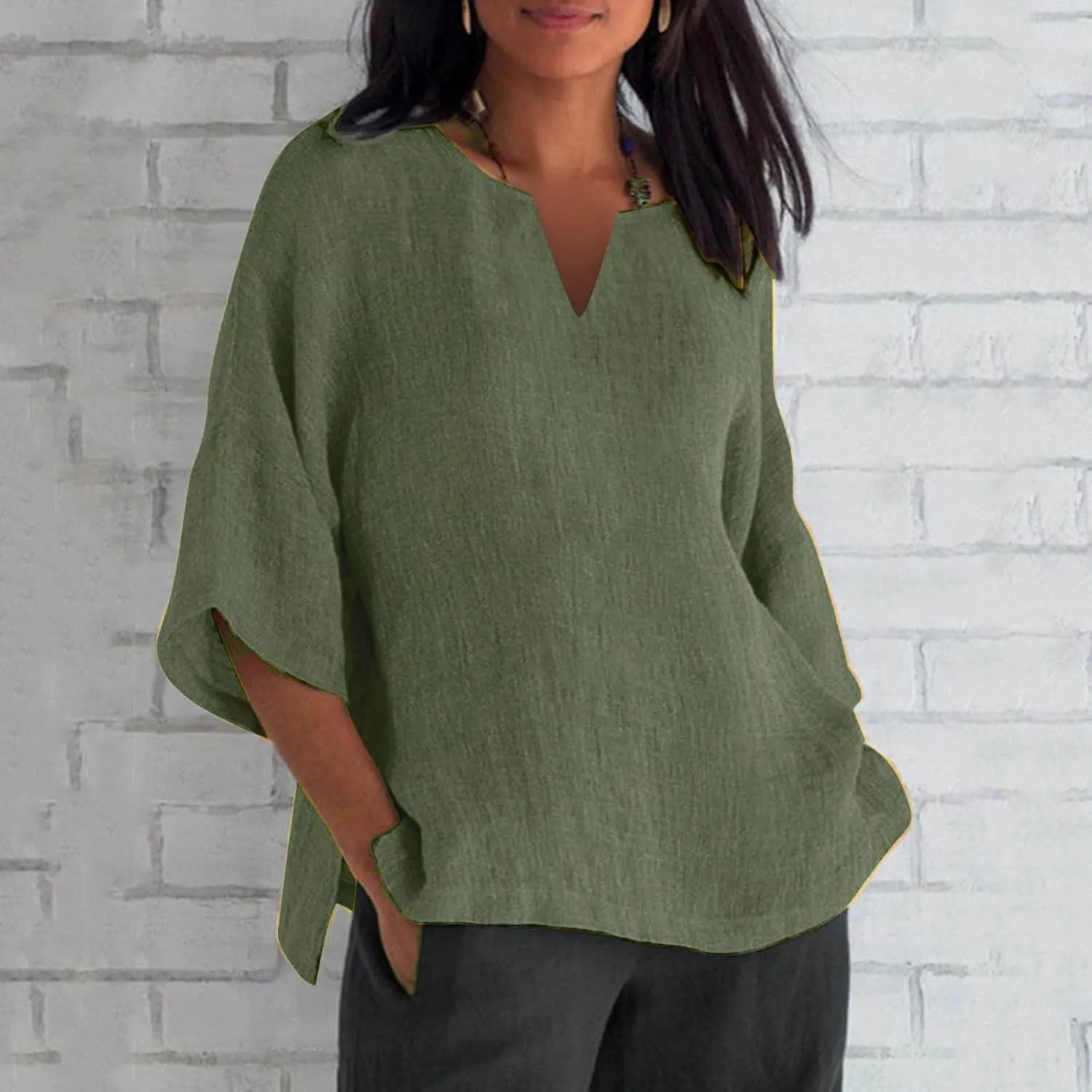 Binmer Plus Size Summer Linen Tops for Women 2024 Trendy Short Sleeve T-Shirts Loose Solid V Neck Tee Side Split Blouse S-5XL
