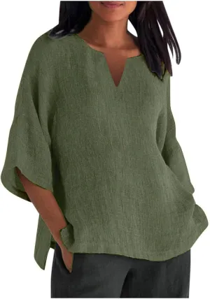 Binmer Plus Size Summer Linen Tops for Women 2024 Trendy Short Sleeve T-Shirts Loose Solid V Neck Tee Side Split Blouse S-5XL