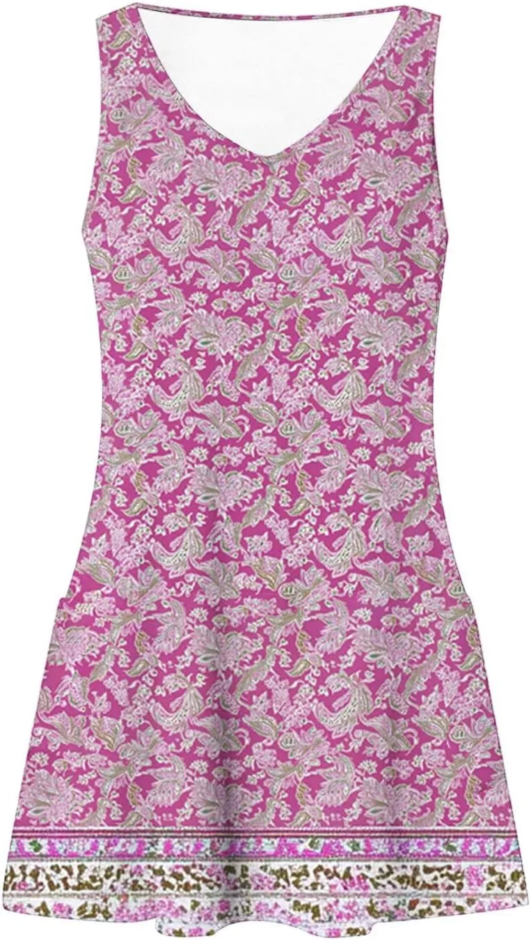 Boho Dress for Women 2025 Summer V-Neck Sleeveless Mini Dresses with Pocket Floral Print Beach Vacation Sundress