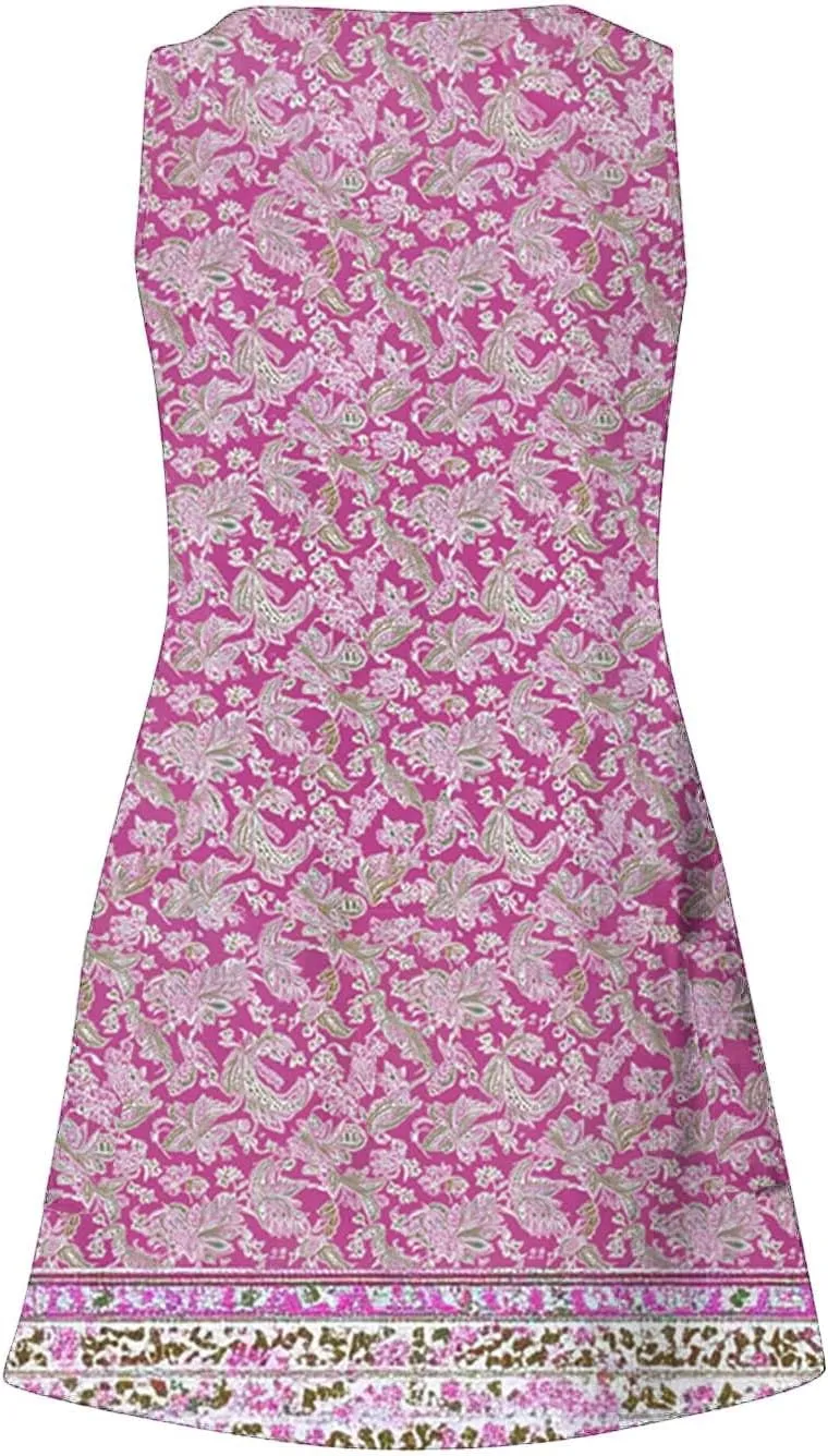 Boho Dress for Women 2025 Summer V-Neck Sleeveless Mini Dresses with Pocket Floral Print Beach Vacation Sundress