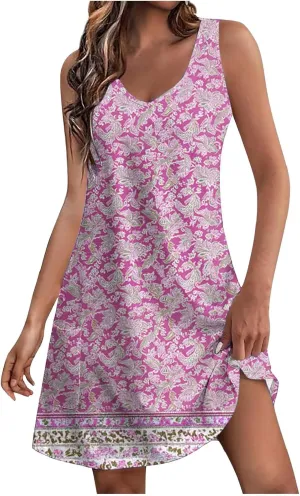 Boho Dress for Women 2025 Summer V-Neck Sleeveless Mini Dresses with Pocket Floral Print Beach Vacation Sundress