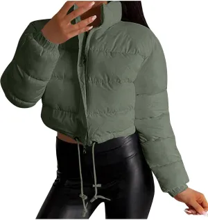 Borniu Womens Cropped Puffer Jacket Stand Collar Zip Up Winter Padded Down Coats Lightweight Quilted Short Jacket