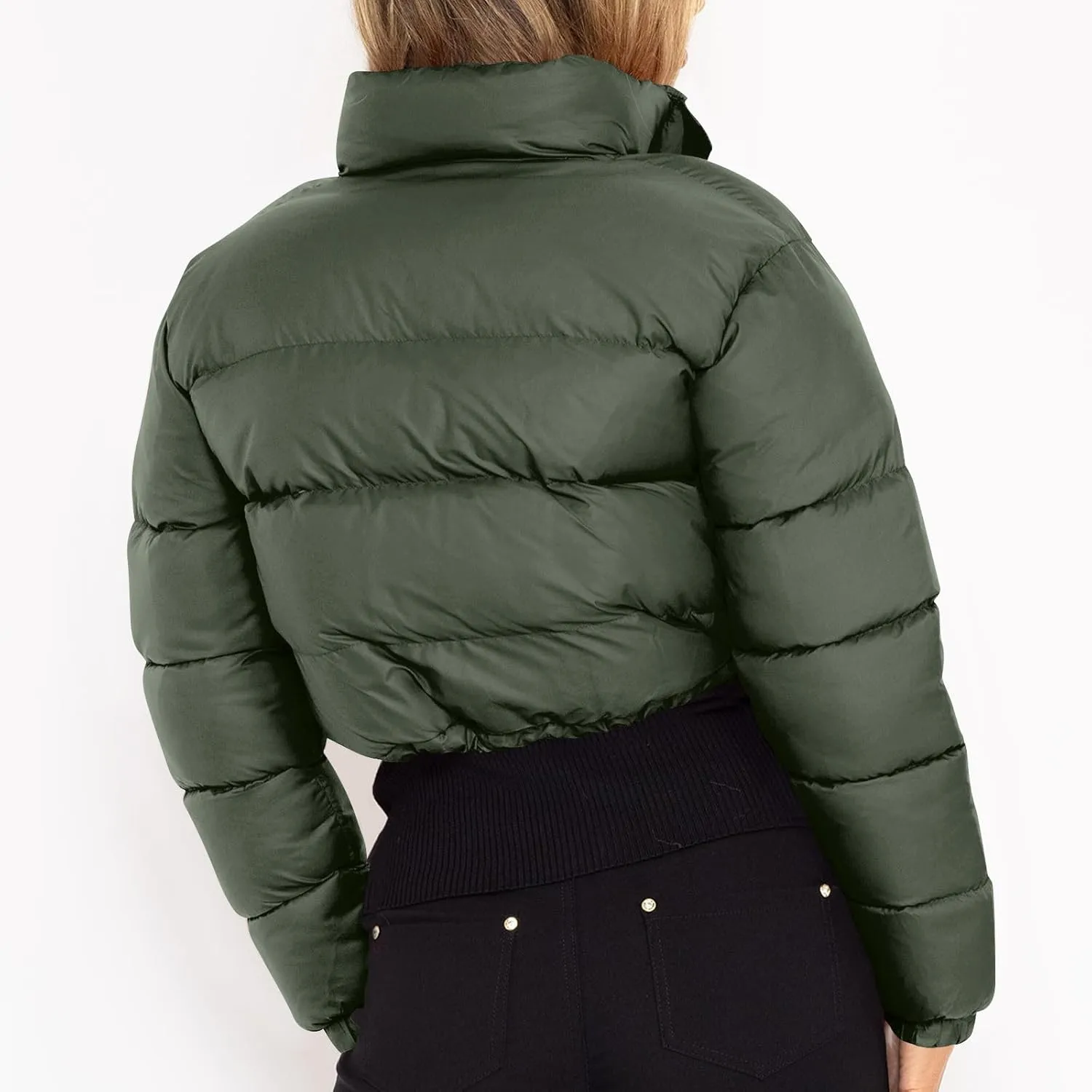 Borniu Womens Cropped Puffer Jacket Stand Collar Zip Up Winter Padded Down Coats Lightweight Quilted Short Jacket
