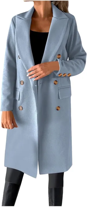 Borniu Women's Notch Lapel Double Breasted Wool Blend Mid Long Pea Trench Coat Winter Warm Jacket Outwear