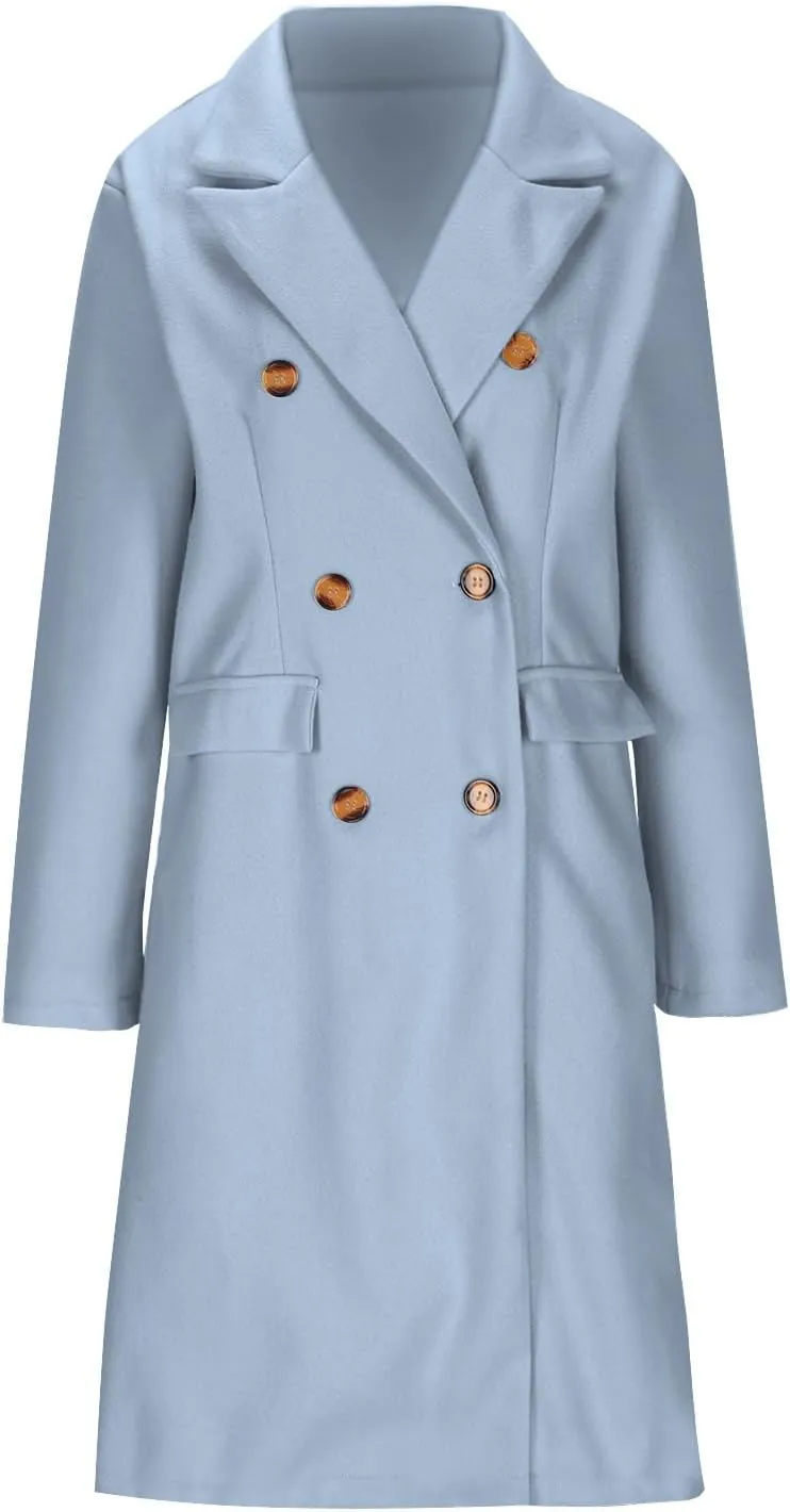 Borniu Women's Notch Lapel Double Breasted Wool Blend Mid Long Pea Trench Coat Winter Warm Jacket Outwear