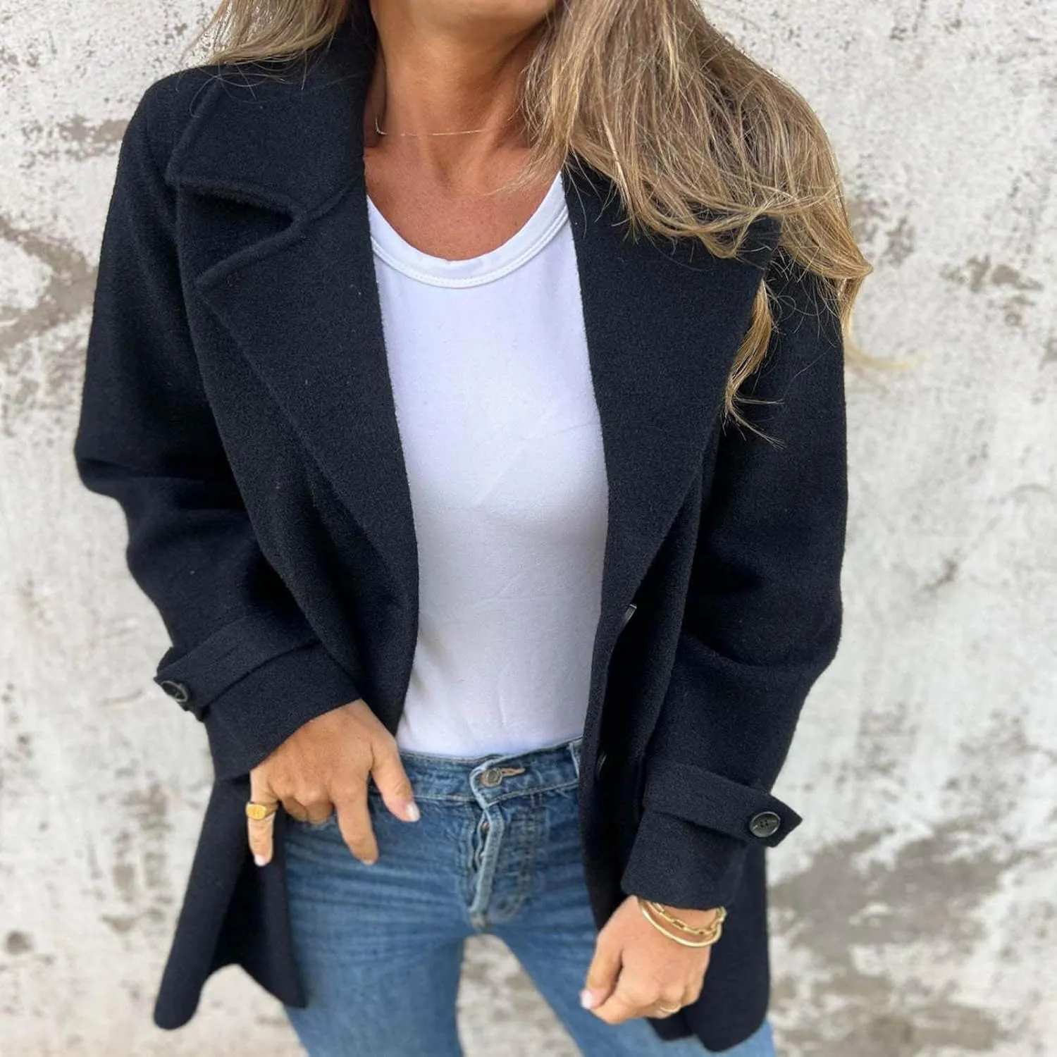Borniu Womens Notched Lapel Collar Single Breasted Pea Coat Winter Wool Blend Coats Open Front Cardigan Jackets