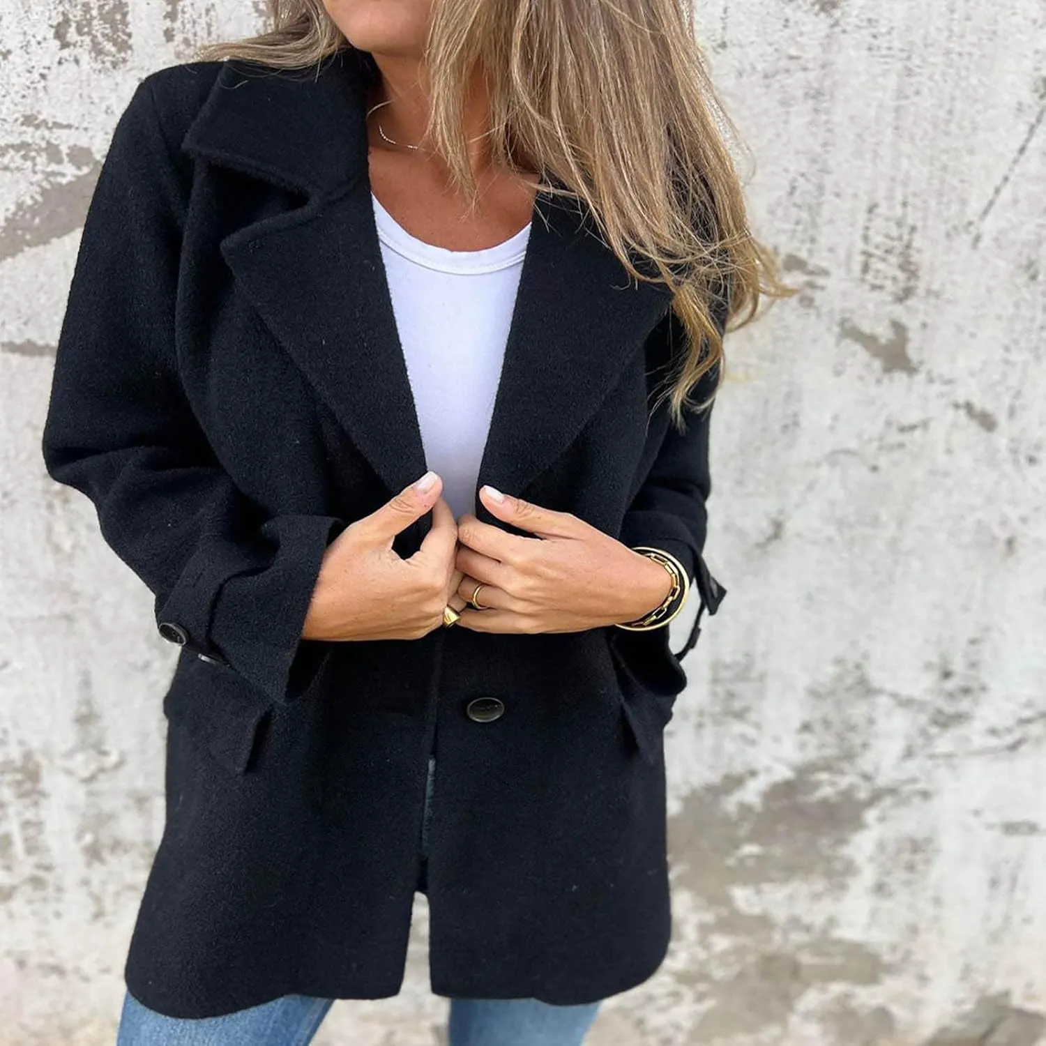 Borniu Womens Notched Lapel Collar Single Breasted Pea Coat Winter Wool Blend Coats Open Front Cardigan Jackets