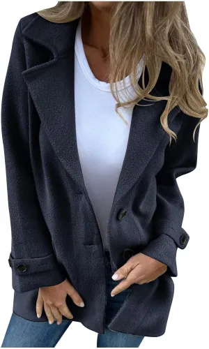 Borniu Womens Notched Lapel Collar Single Breasted Pea Coat Winter Wool Blend Coats Open Front Cardigan Jackets