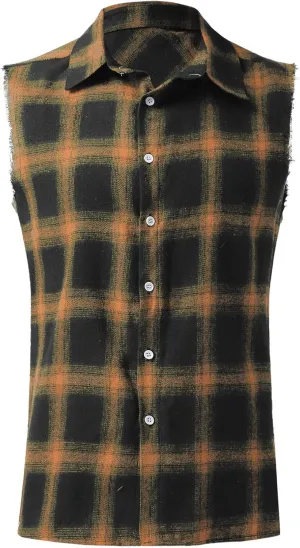 Burband Men's Muscle Cut Off Shirts Slim Fit Button Down Vests Vintage Cowboy Plaid Sleeveless Tops Flannel Shirts