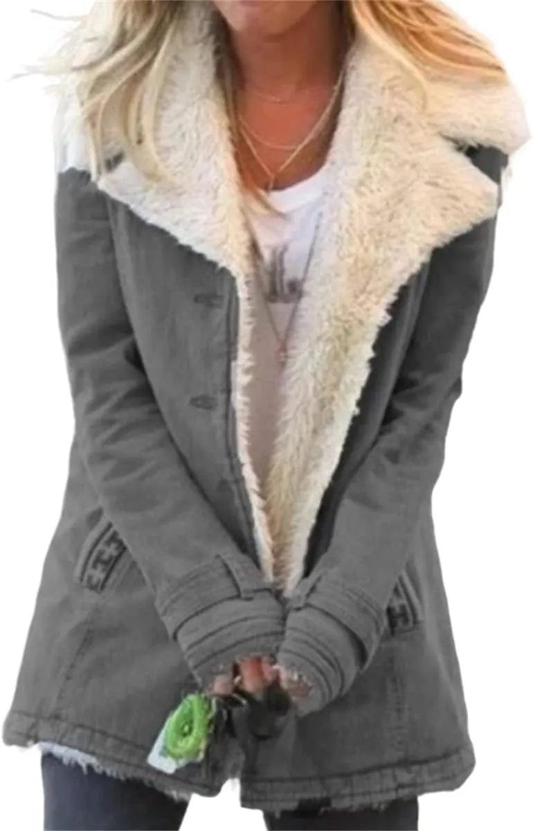 Canbebig Sherpa Jean Jacket Women Plus Size Winter Warm Fleece Lined Denim Coats Lapel Thicker Faux Fur Outerwear with Pocket