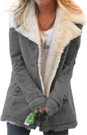 Canbebig Sherpa Jean Jacket Women Plus Size Winter Warm Fleece Lined Denim Coats Lapel Thicker Faux Fur Outerwear with Pocket