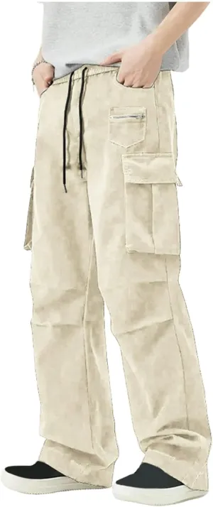 Cargo Pants Men Loose Fit Multi Pocket Bottoms Elastic Waist Straight Leg Tactical Workwear Adventure