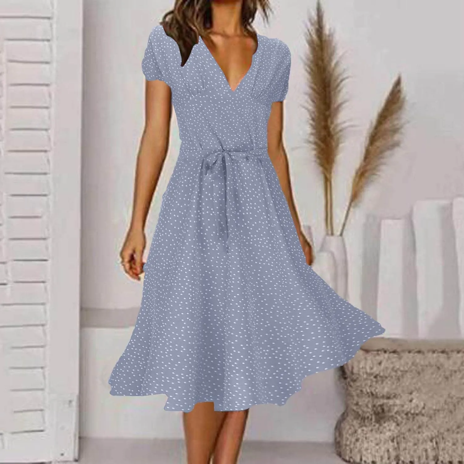 Casual Dresses for Women 2025 Summer Floral Boho Dress Wrap V Neck Short Sleeve Flowy A Line Midi Outfit