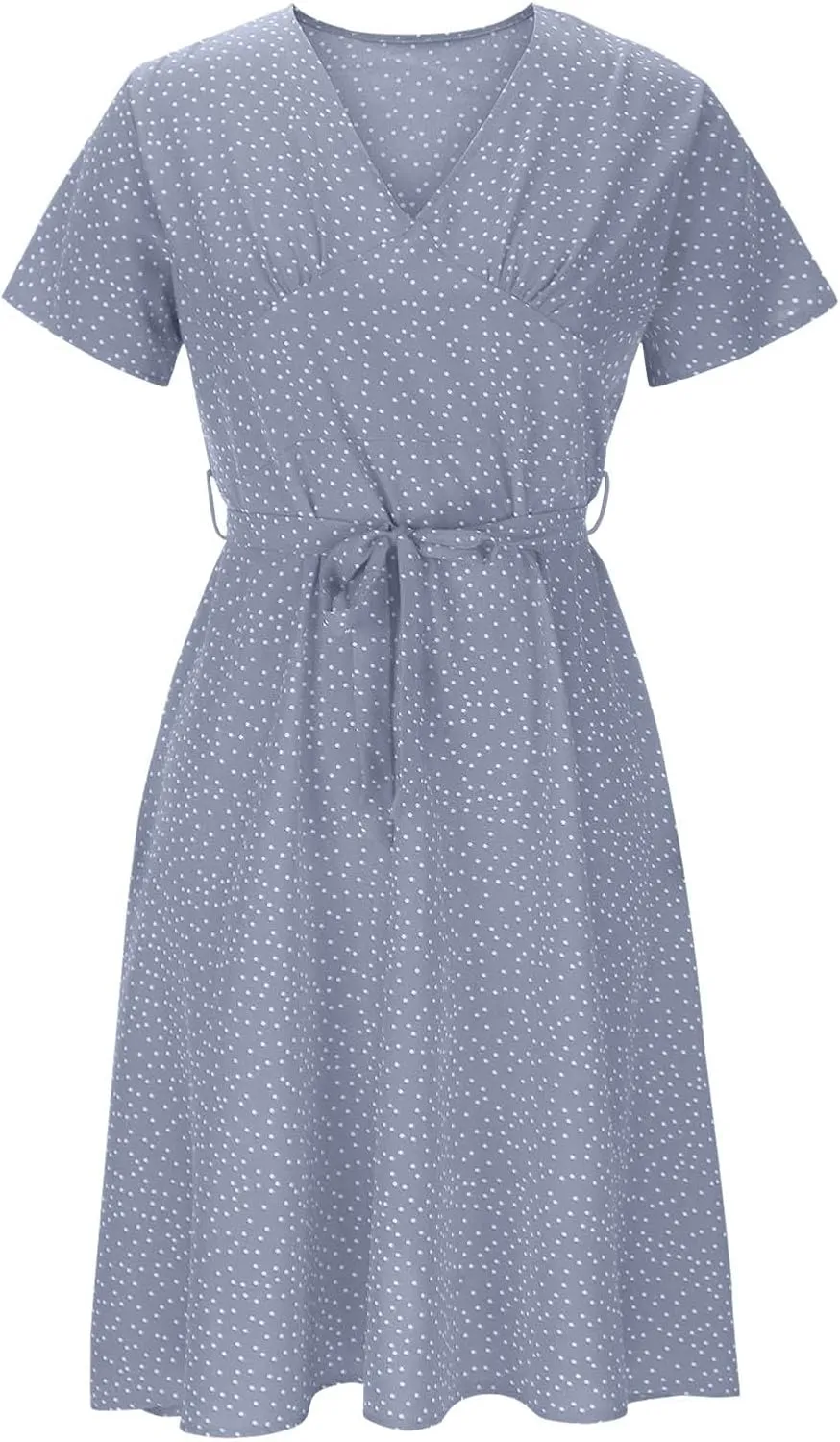 Casual Dresses for Women 2025 Summer Floral Boho Dress Wrap V Neck Short Sleeve Flowy A Line Midi Outfit
