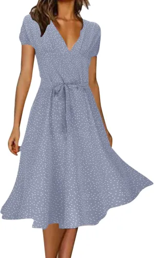 Casual Dresses for Women 2025 Summer Floral Boho Dress Wrap V Neck Short Sleeve Flowy A Line Midi Outfit