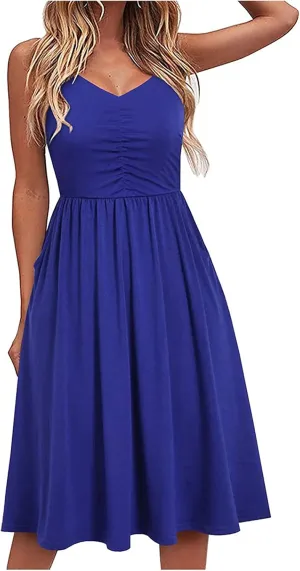 Casual Dresses for Women Spaghetti Strap Dress Sleeveless Dresses with Pockets Flowy Swing Shift Dresses Print Dress
