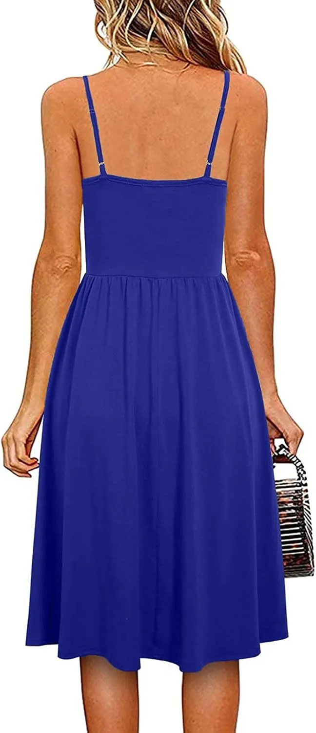 Casual Dresses for Women Spaghetti Strap Dress Sleeveless Dresses with Pockets Flowy Swing Shift Dresses Print Dress