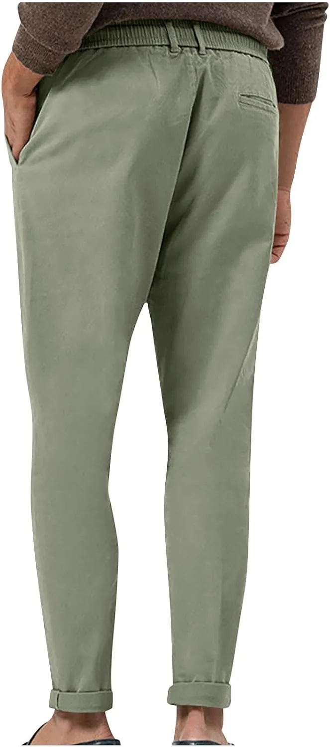 Casual Pants for Men Stretch Dress Pants Khaki Slim Fit Pants Solid Drawstring Waist Pants Golf Pants with Pockets