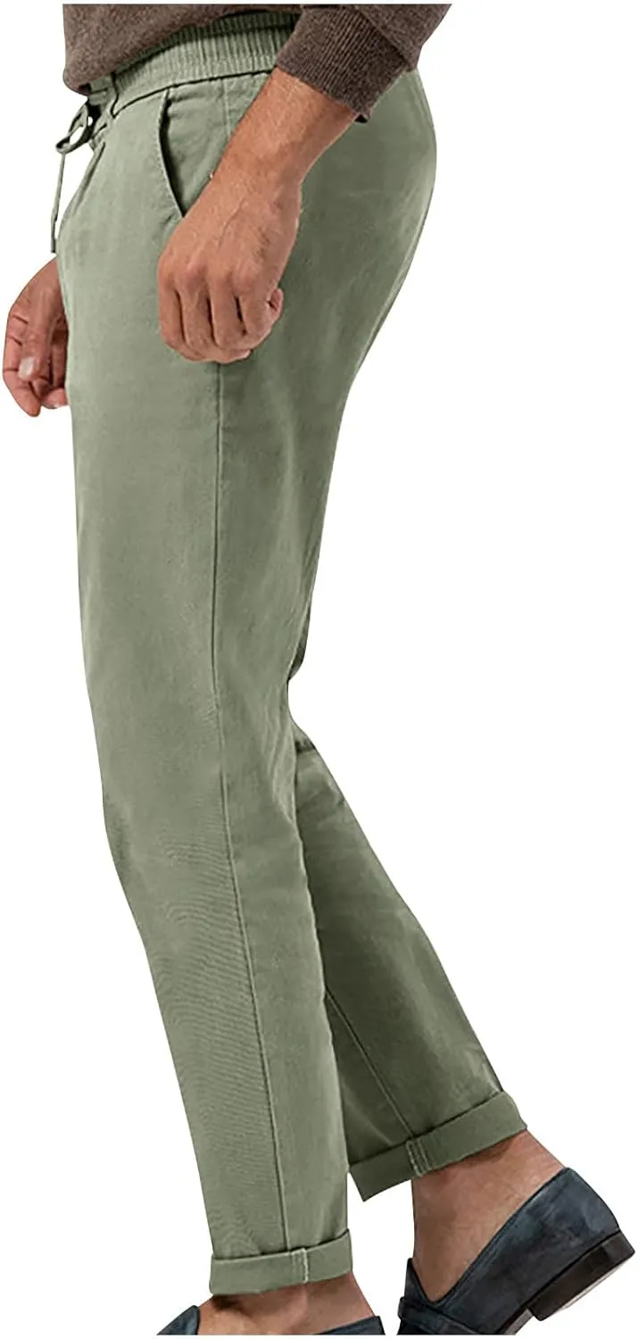 Casual Pants for Men Stretch Dress Pants Khaki Slim Fit Pants Solid Drawstring Waist Pants Golf Pants with Pockets