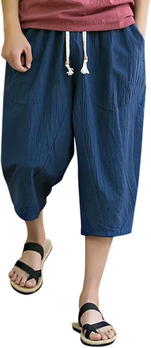 Casual Pants for Mens Linen Pants Relaxed-Fit Beach Trousers Summer Yoga Pants Drawstring Elastic Waist Pants