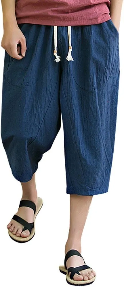 Casual Pants for Mens Linen Pants Relaxed-Fit Beach Trousers Summer Yoga Pants Drawstring Elastic Waist Pants