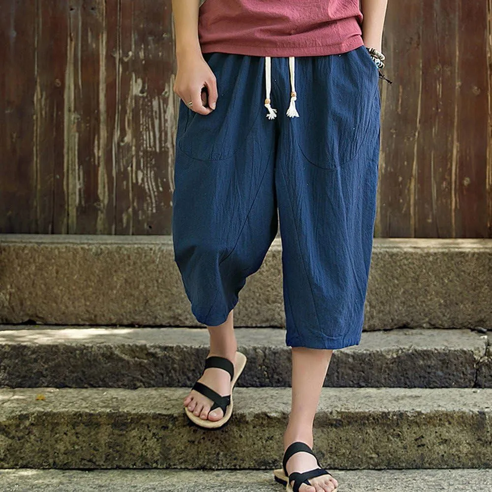 Casual Pants for Mens Linen Pants Relaxed-Fit Beach Trousers Summer Yoga Pants Drawstring Elastic Waist Pants
