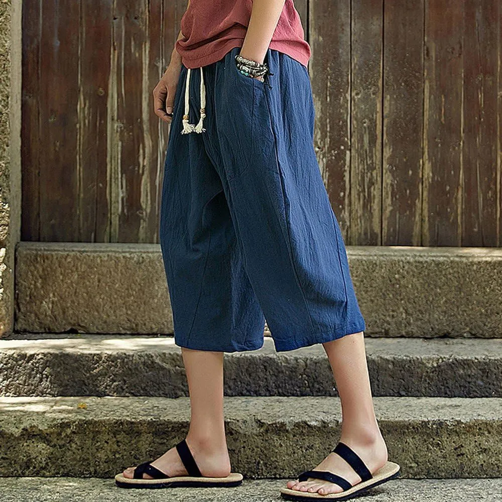 Casual Pants for Mens Linen Pants Relaxed-Fit Beach Trousers Summer Yoga Pants Drawstring Elastic Waist Pants