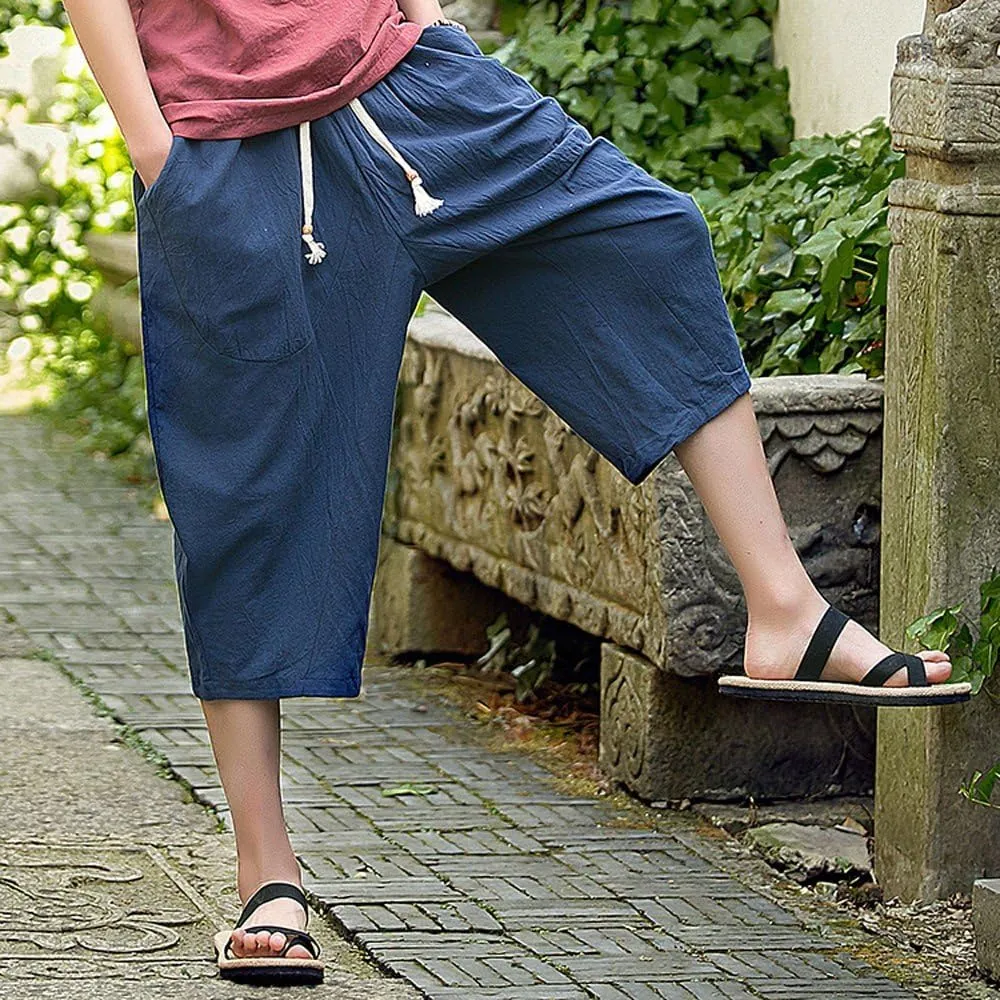 Casual Pants for Mens Linen Pants Relaxed-Fit Beach Trousers Summer Yoga Pants Drawstring Elastic Waist Pants