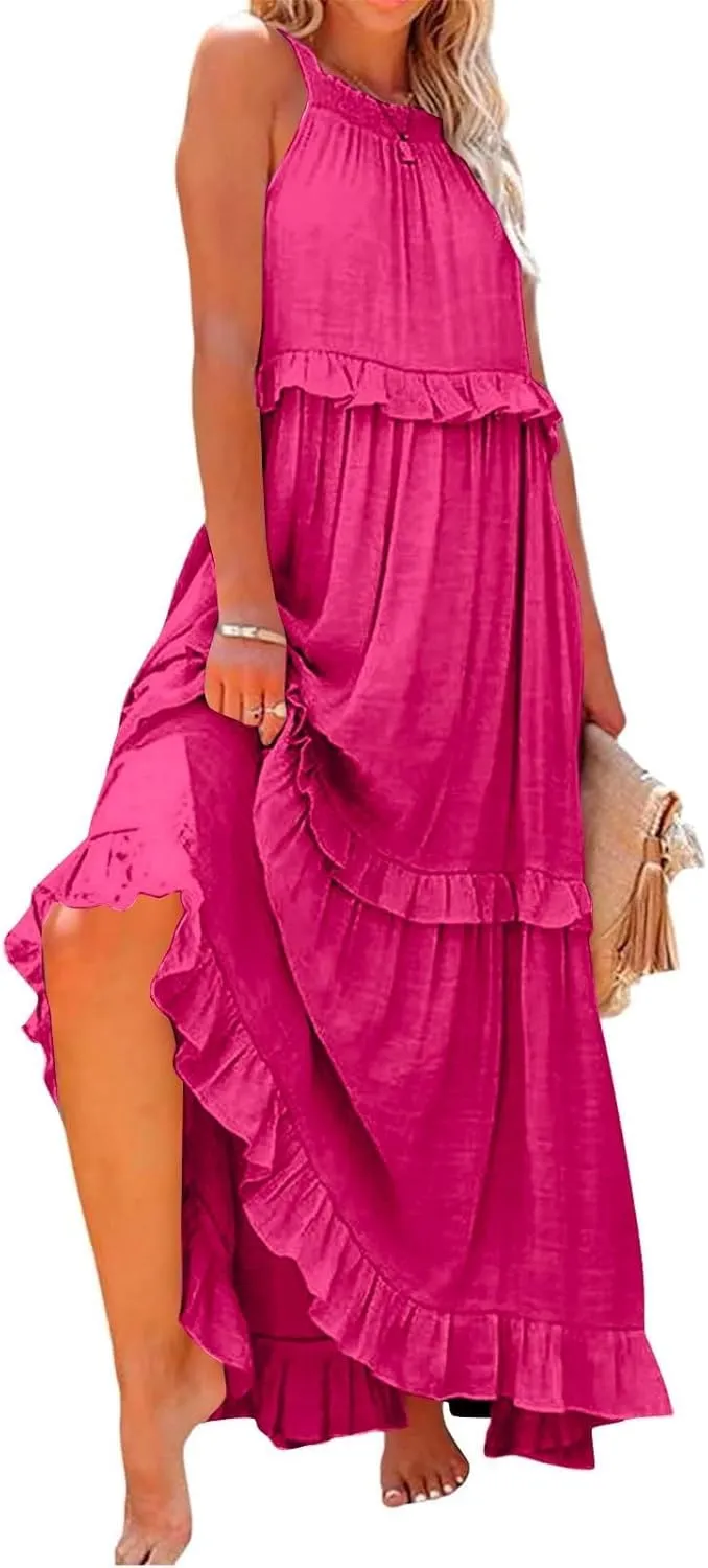Casual Summer Dresses for Women Loose Round Neck Sleeveless Solid Color Sundress Fashion Pleated Long Maxi Dress
