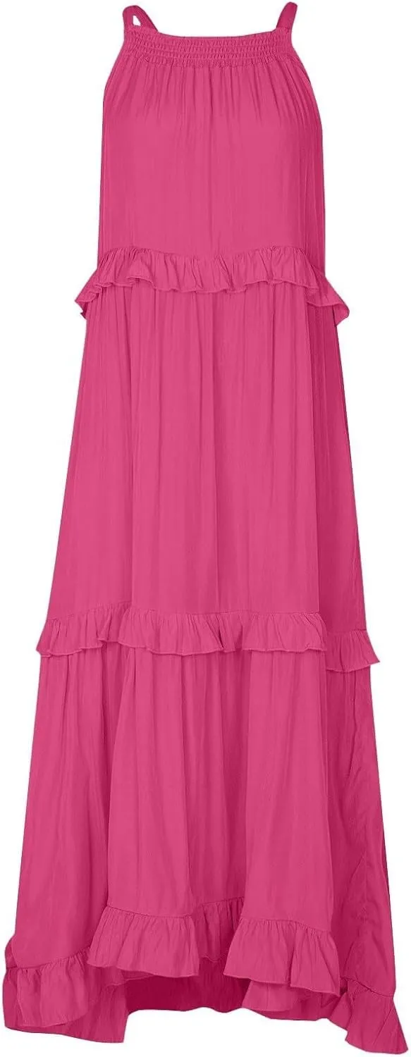 Casual Summer Dresses for Women Loose Round Neck Sleeveless Solid Color Sundress Fashion Pleated Long Maxi Dress