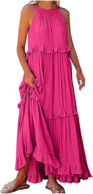 Casual Summer Dresses for Women Loose Round Neck Sleeveless Solid Color Sundress Fashion Pleated Long Maxi Dress