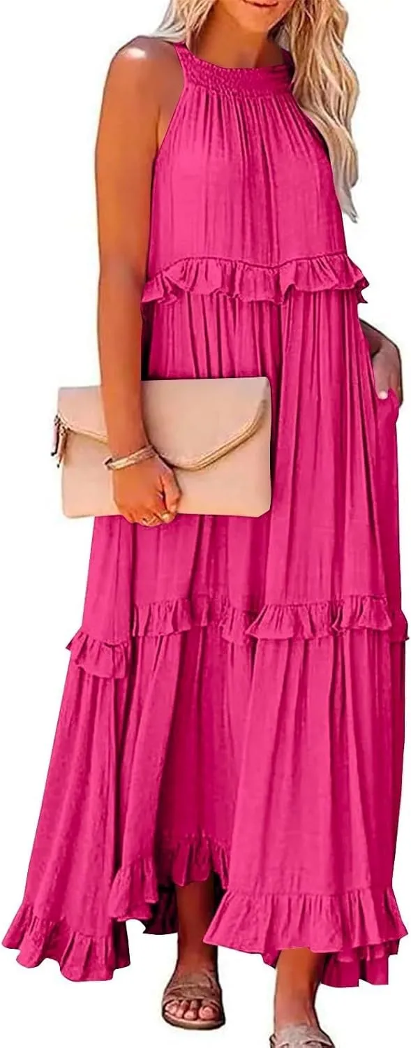 Casual Summer Dresses for Women Loose Round Neck Sleeveless Solid Color Sundress Fashion Pleated Long Maxi Dress