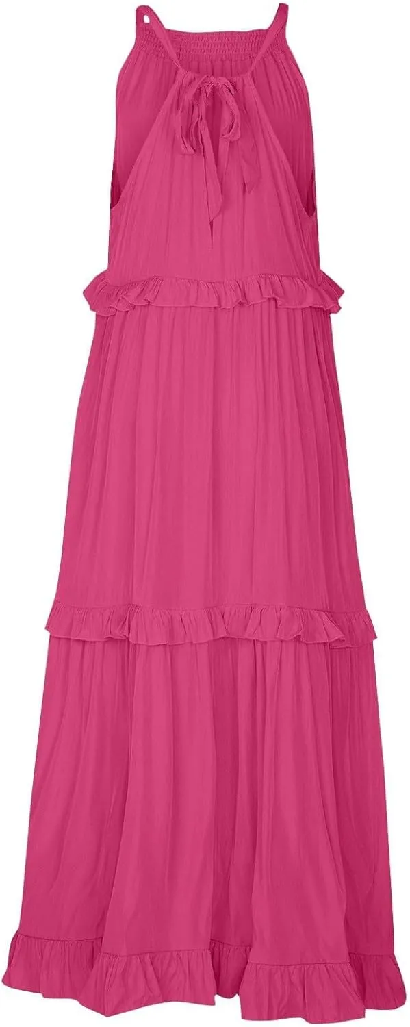 Casual Summer Dresses for Women Loose Round Neck Sleeveless Solid Color Sundress Fashion Pleated Long Maxi Dress